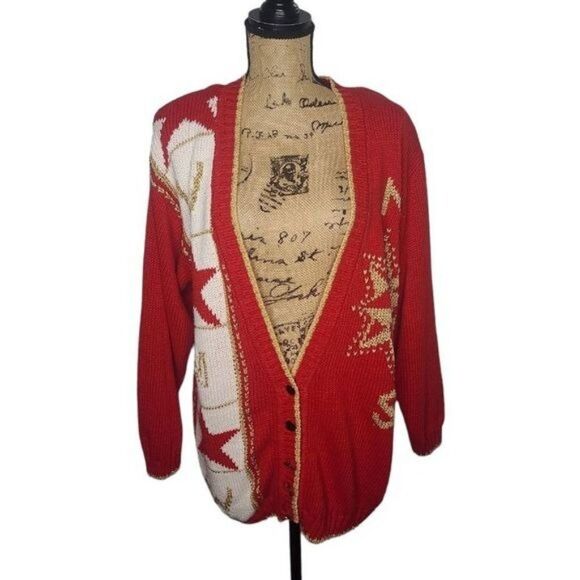 Vintage 80s Red Gold Compass Nautical Oversized Tacky Sweater - Picture 1 of 13